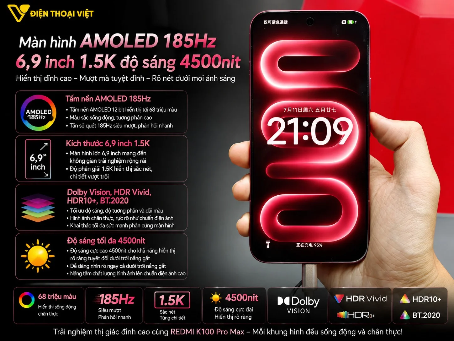 Màn hình AMOLED 185Hz 6,9 inch 1.5K độ sáng 4500nit