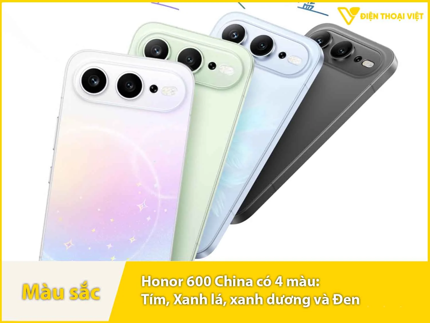 Honor 600 Super cung cấp bốn lựa chọn màu sắc: Đen, Xanh dương (nhạt), Xanh bạc hà và Tím