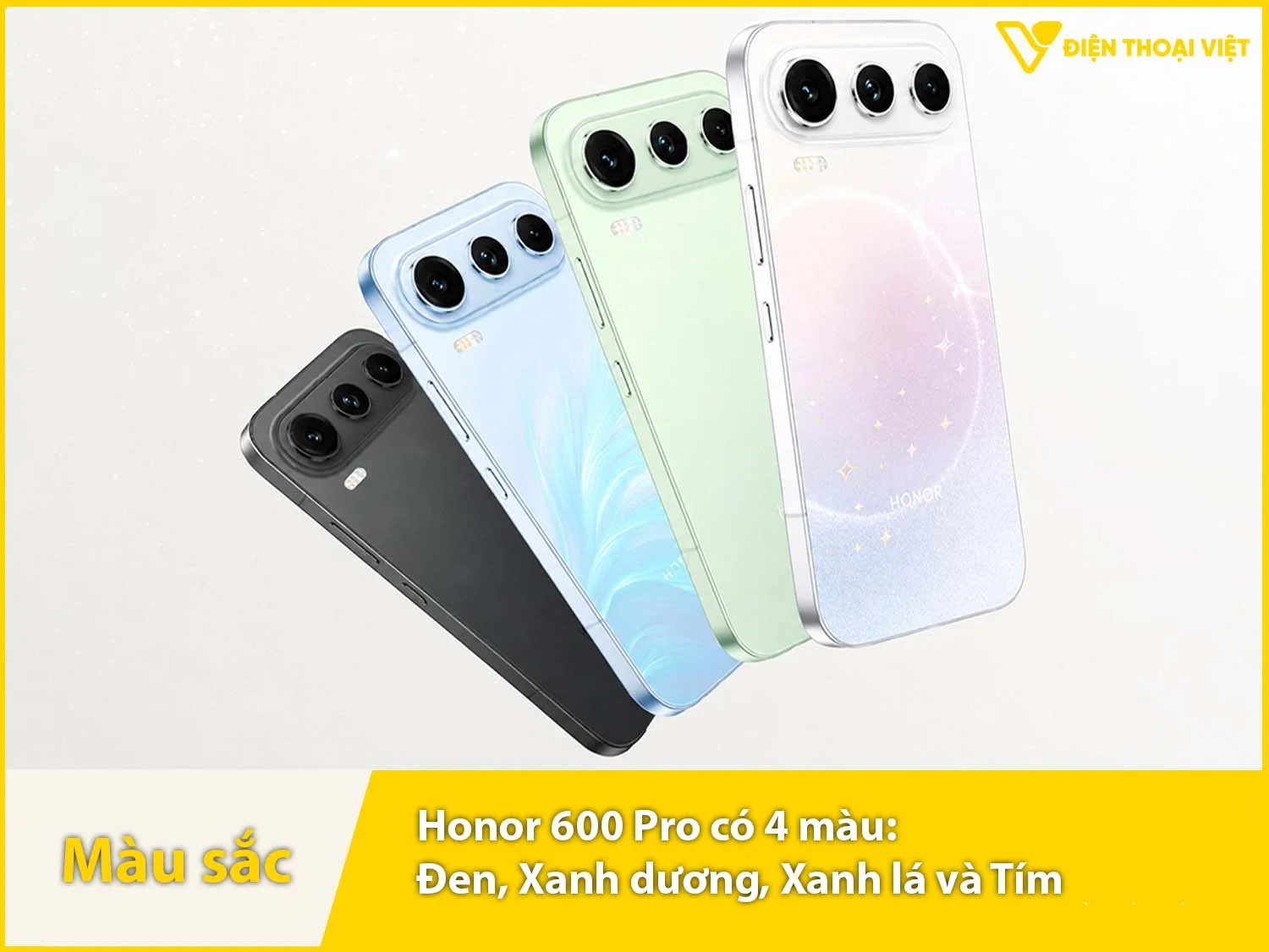 Honor 600 Pro cung cấp 4 màu tùy chọn: Xanh bạc hà, Xanh dương, Tím và Đen