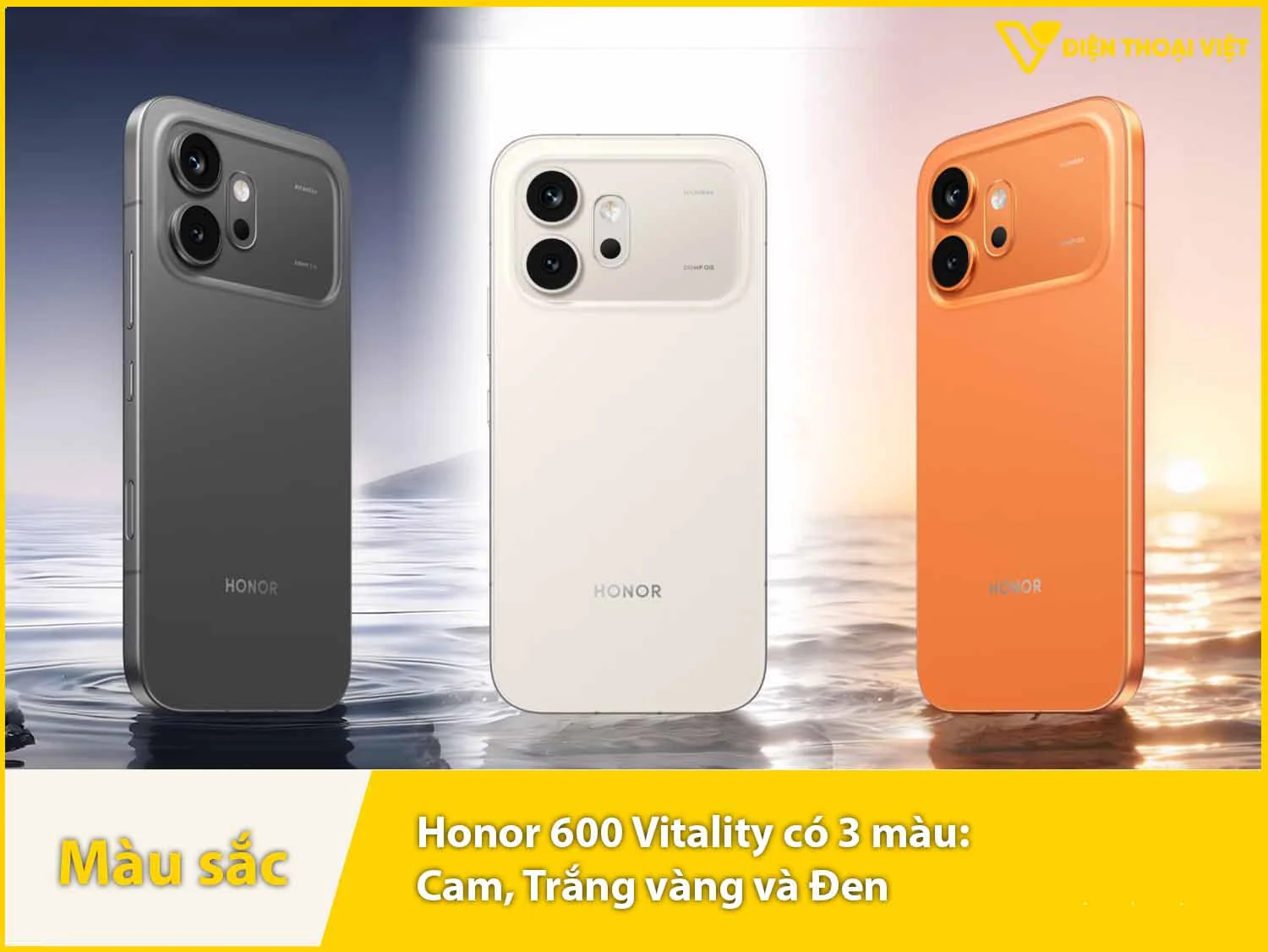 Honor 600 Vitality Edition có ba màu: Cam, Vàng trắng và Đen