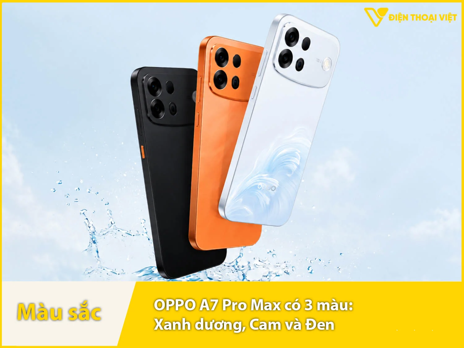 OPPO A7 Pro Max có ba tùy chọn màu sắc, gồm Xanh dương, Cam và Đen