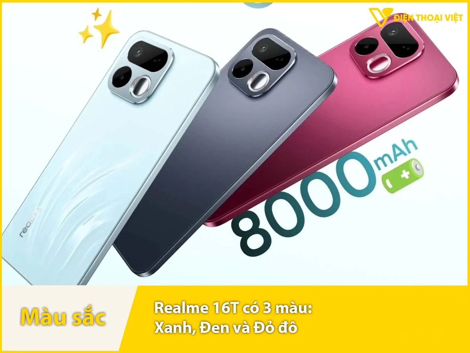 Realme 16T có 3 màu sắc lựa chọn: Xanh, Đỏ và Đen