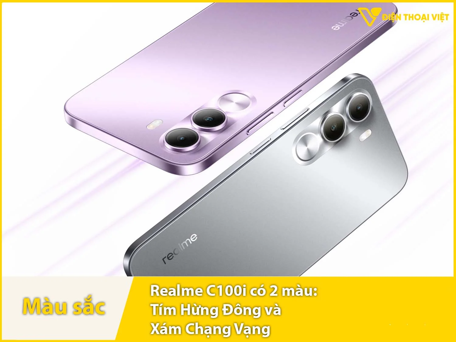 Realme C100i cung cấp 2 màu sắc lựa chọn gồm: Xám và Tím