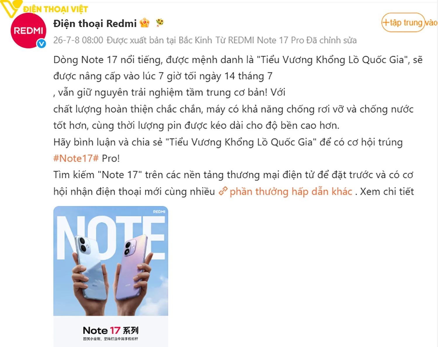 Bài viết chính thức của hãng trên nền tảng Weibo