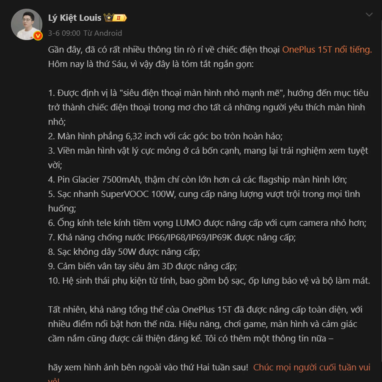 Bài đăng của Lý Kiệt về thông số kỹ thuật OnePlus 15T