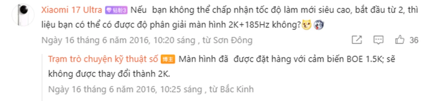 Digital Chat Station đã trả lời: "Màn hình đã được đặt hàng với cảm biến BOE 1.5K; sẽ không được thay đổi thành 2K."