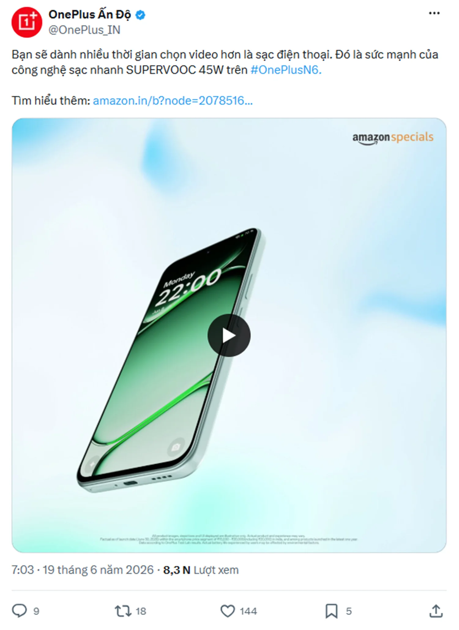 OnePlus tiết lộ rằng N6 sẽ hỗ trợ sạc nhanh SuperVOOC 45W