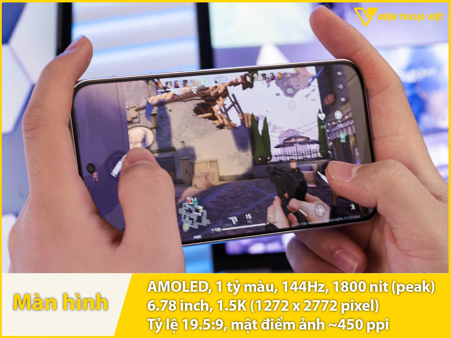 Màn hình AMOLED 144Hz 1.5K, độ sáng 1800 nit