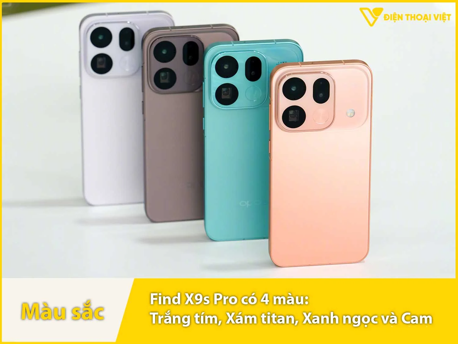 OPPO X9s Pro có 4 màu: Xám titan, Trắng tím, Cam và Xanh ngọc