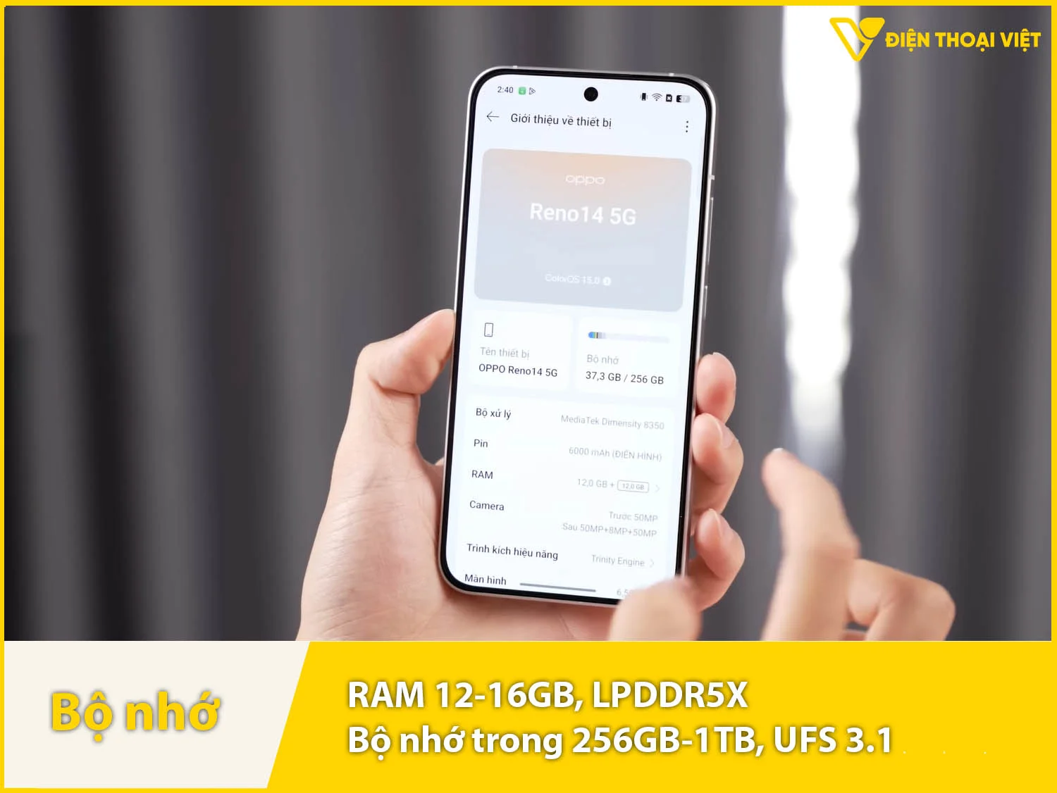 OPPO Reno14 có RAM 12-16GB & Bộ nhớ trong 256GB-1TB