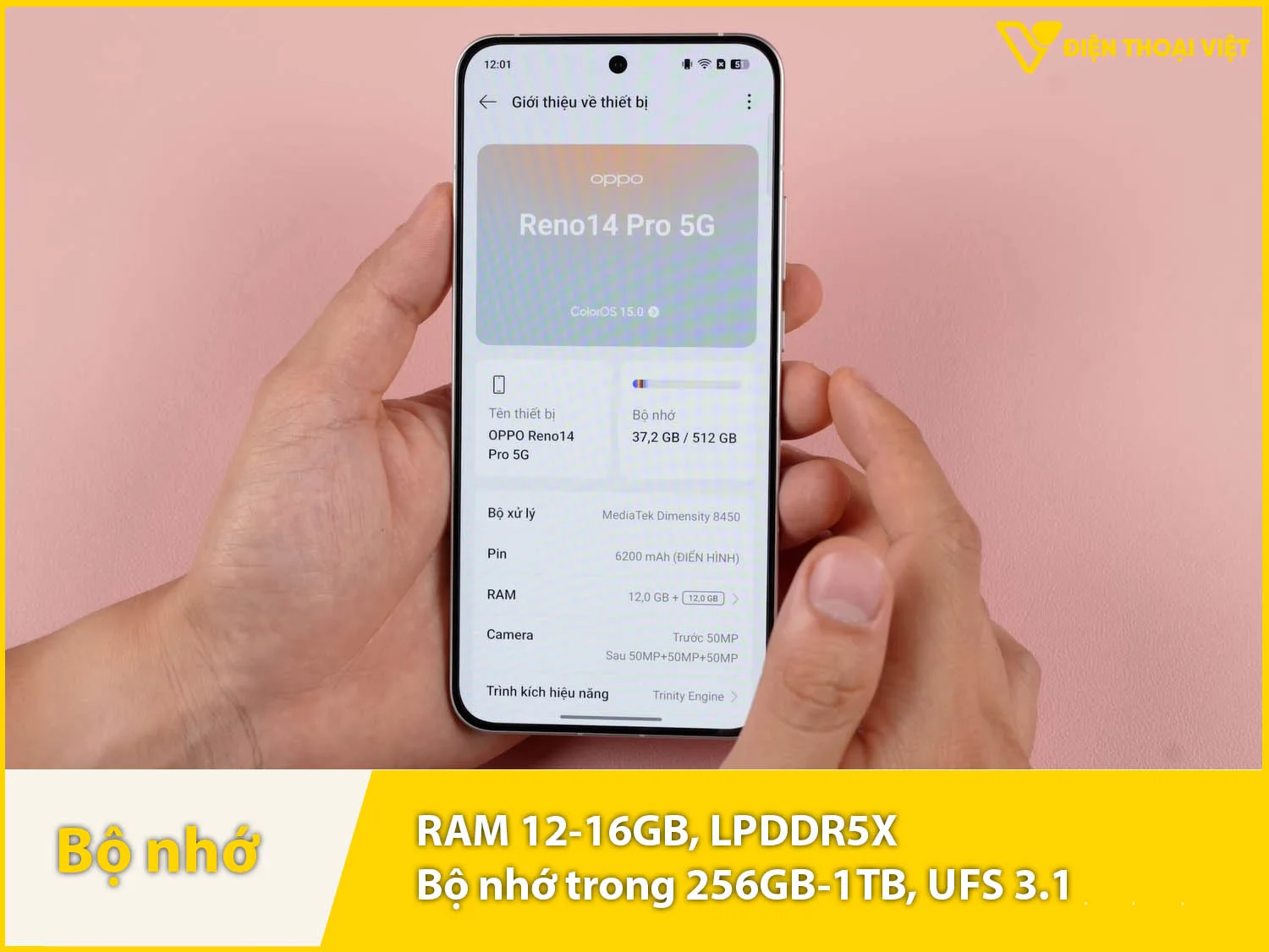 Reno14 Pro có RAM 12-16GB & Bộ nhớ trong 256GB-1TB