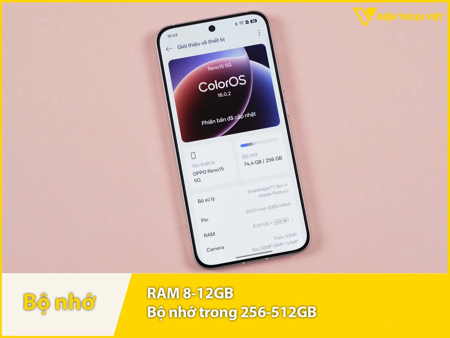 OPPO Reno15 5G có RAM 8-12GB & Bộ nhớ trong 256GB