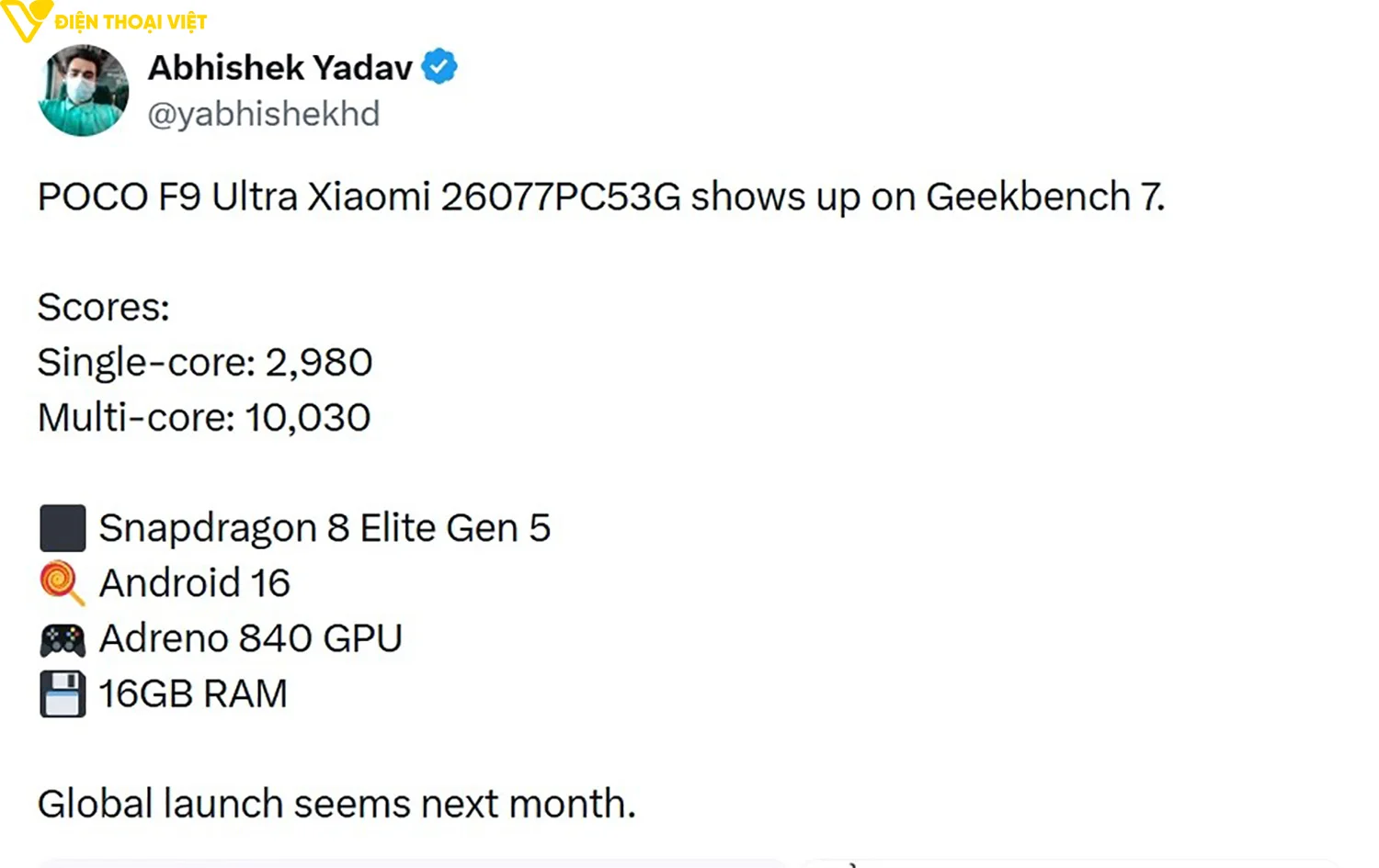POCO F9 đạt bao nhiêu điểm Geekbench?