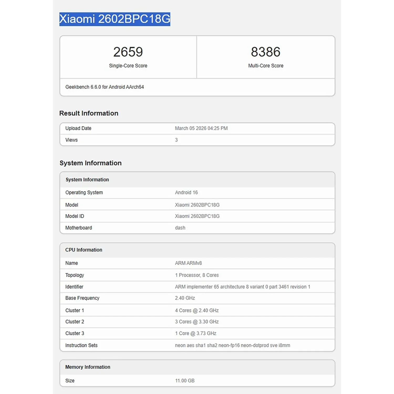 Máy đạt 2659 điểm đơn nhân, 8386 đa nhân