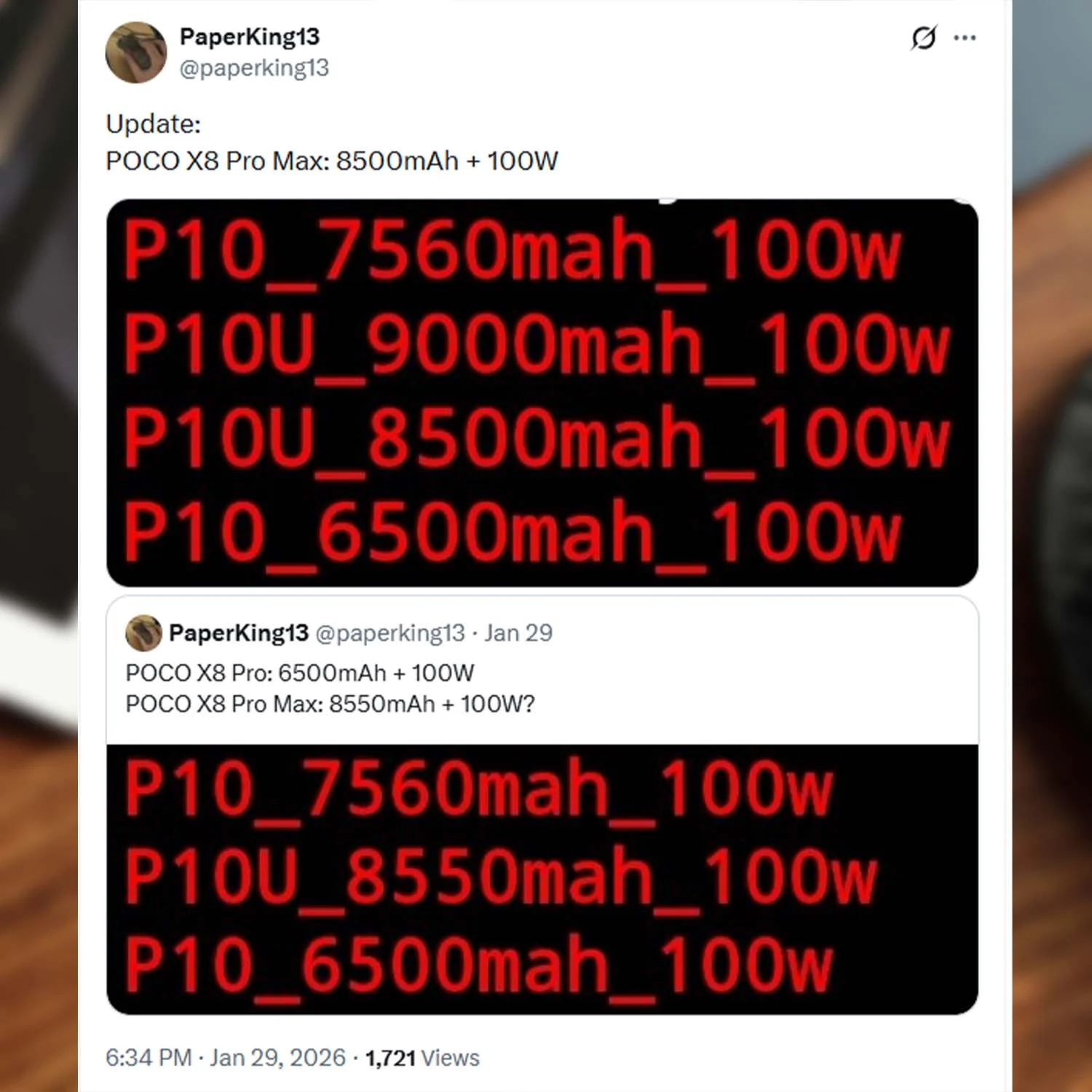 Pin 8500mAh của POCO X8 Pro Max (nguồn PaperKing13 trên X.com)