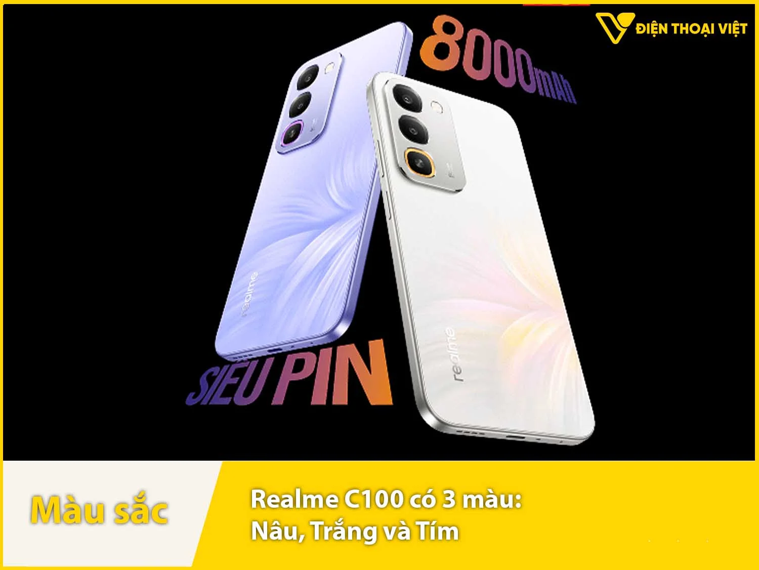 Realme C100 có 3 màu sắc: Nâu, Tím và Trắng