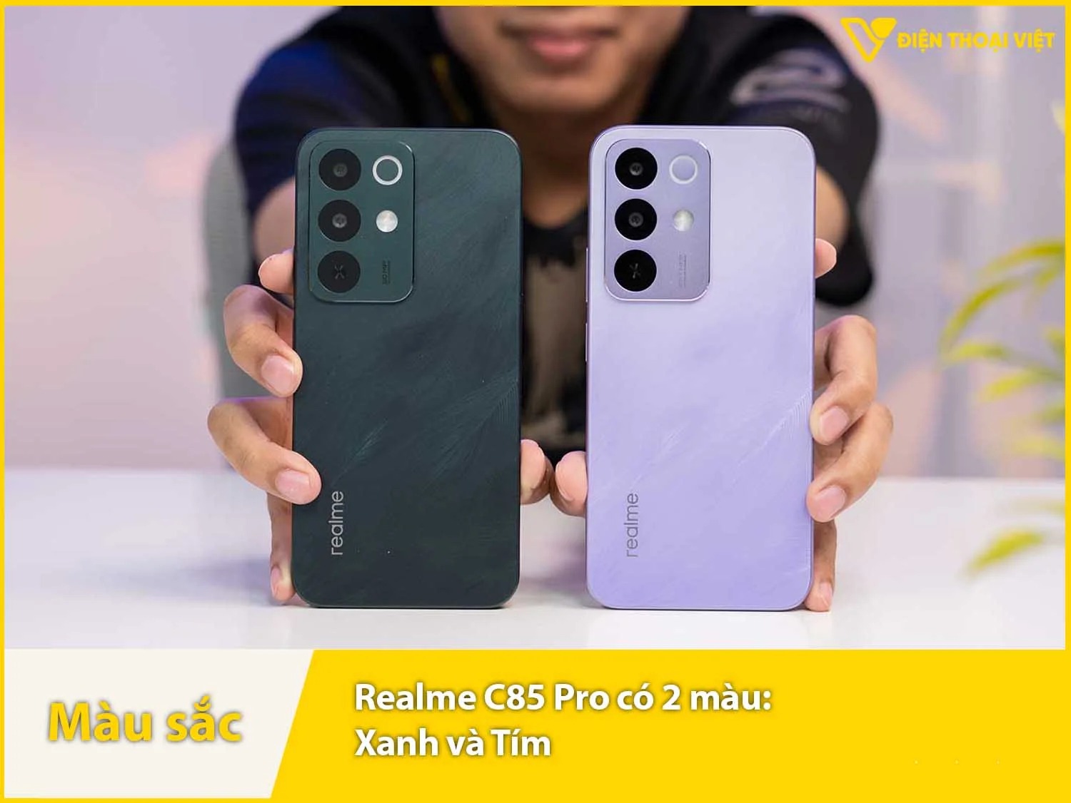 Realme C85 cung cấp 2 màu: Xanh và Tím