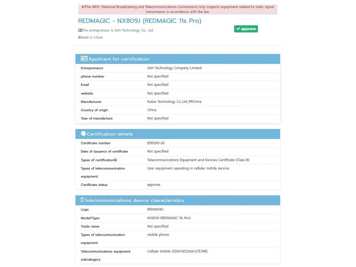 Red Magic 11s Pro xuất hiện trên chứng nhận NBTC