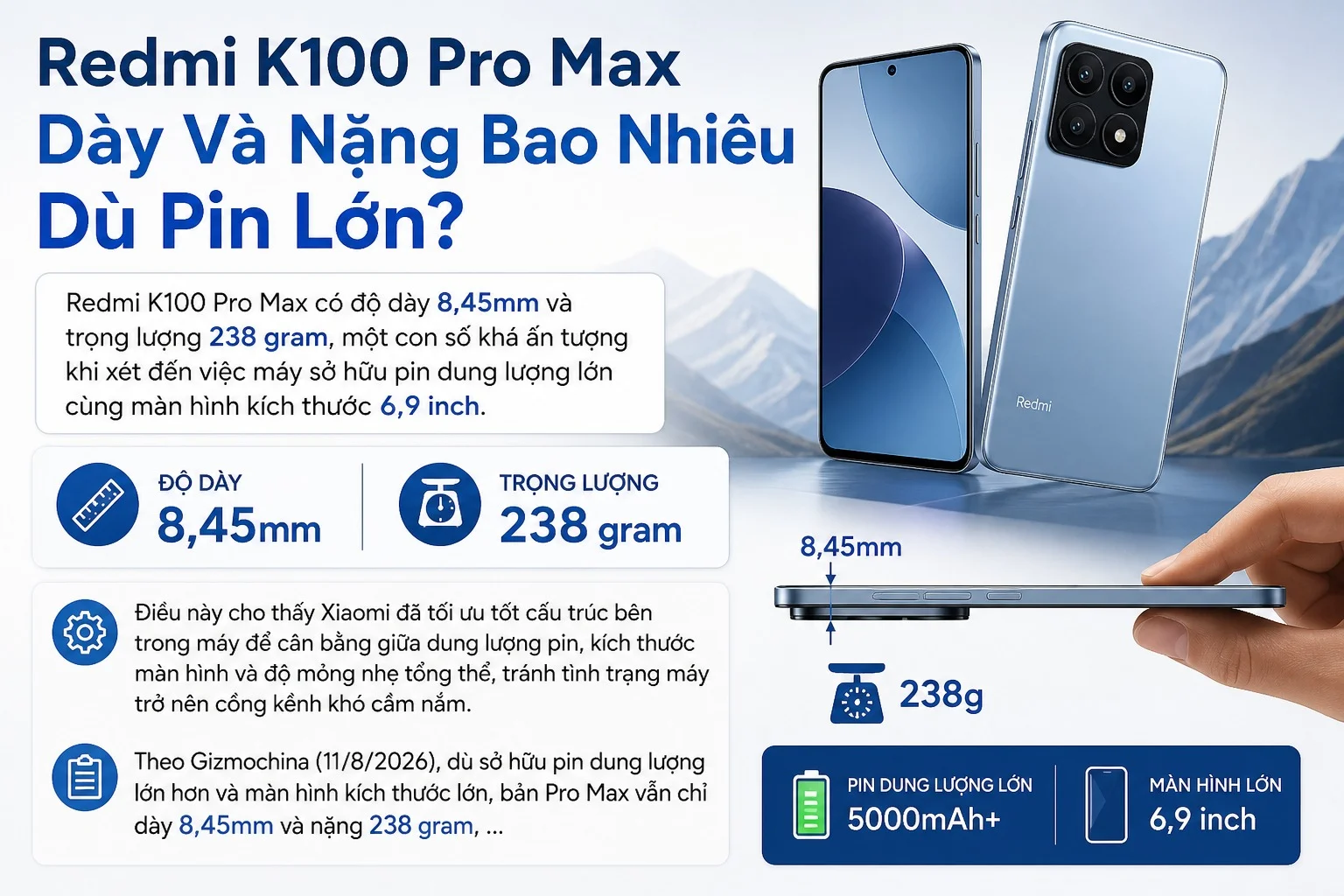 EDMI K100 Pro Max dày và nặng bao nhiêu dù pin lớn?