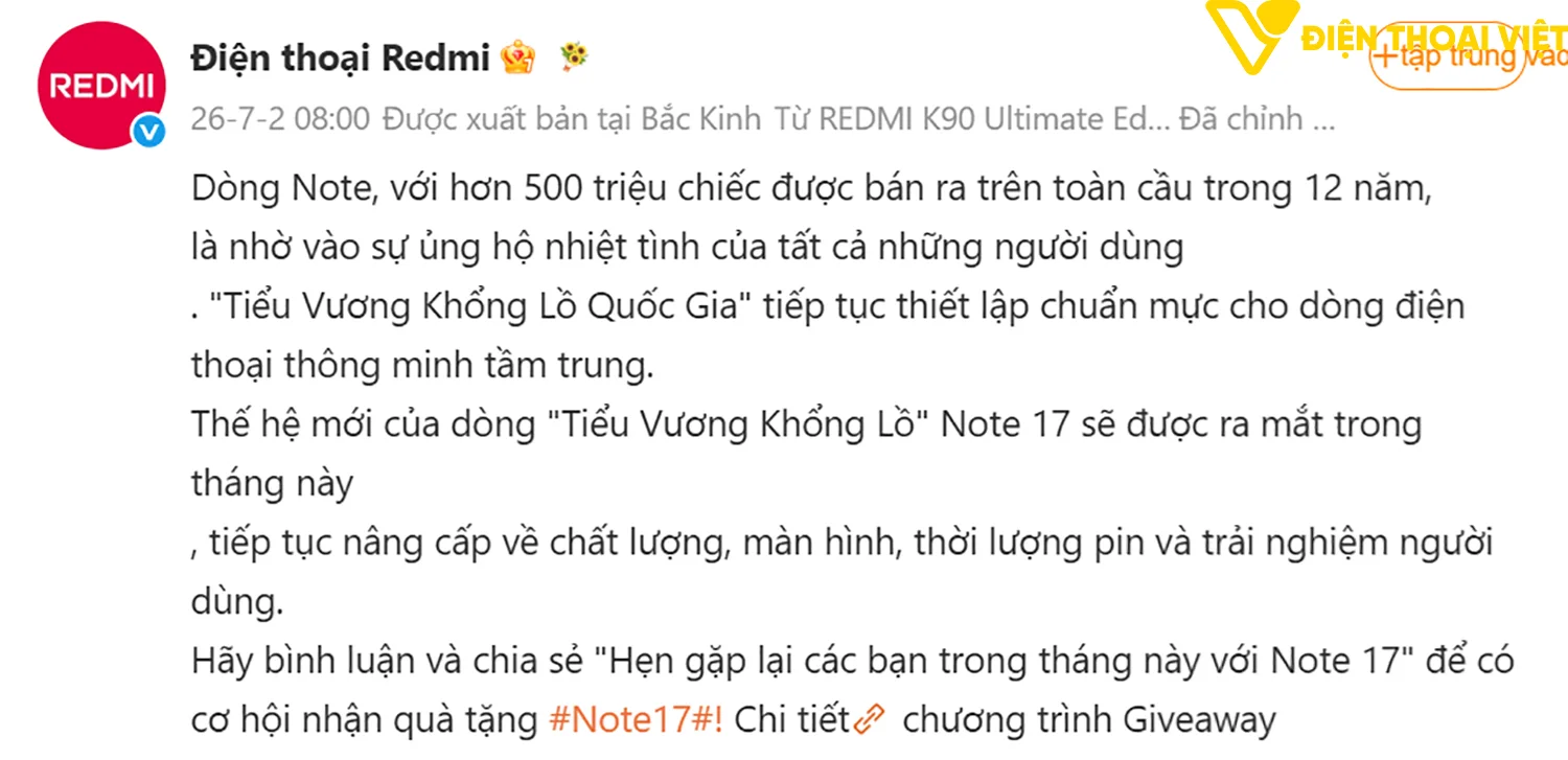 Thông tin chính thức từ hãng trên nền tảng Weibo