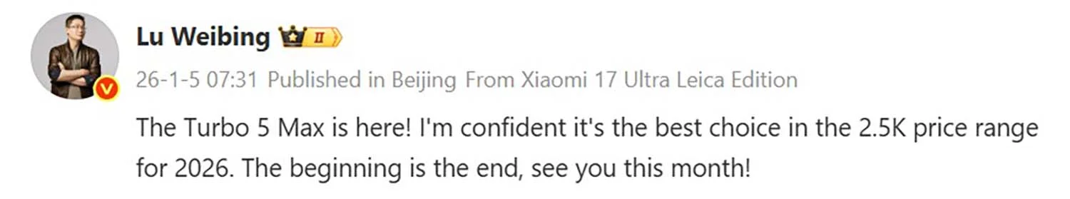 REDMI Turbo 5 Max giá 2500 CNY (nguồn Weibo Lu Weibing)