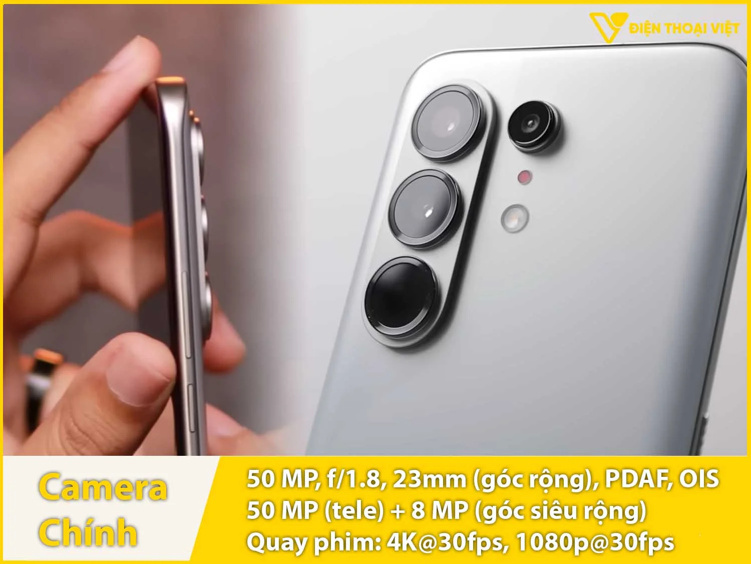 Camera sau 50MP + Tele 50MP + Góc rộng 8MP