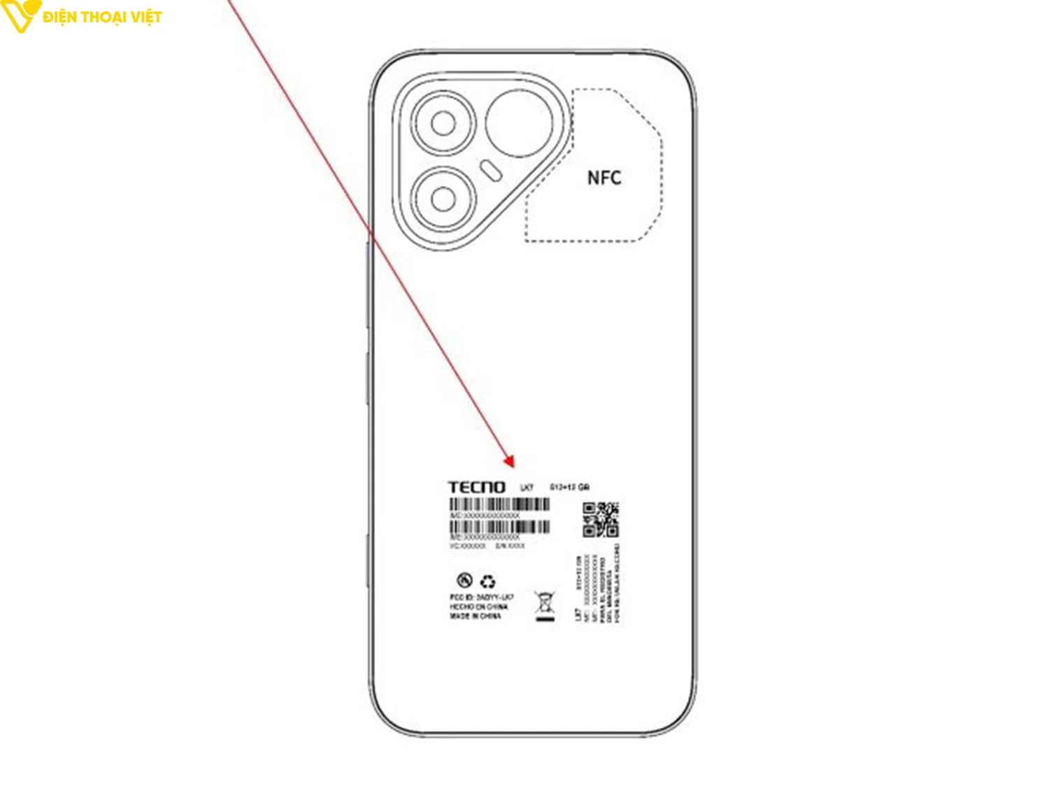 Bản vẽ kỹ thuật và vị trí tem nhãn của Tecno Pova 8 Pro trong tài liệu chứng nhận từ FCC.