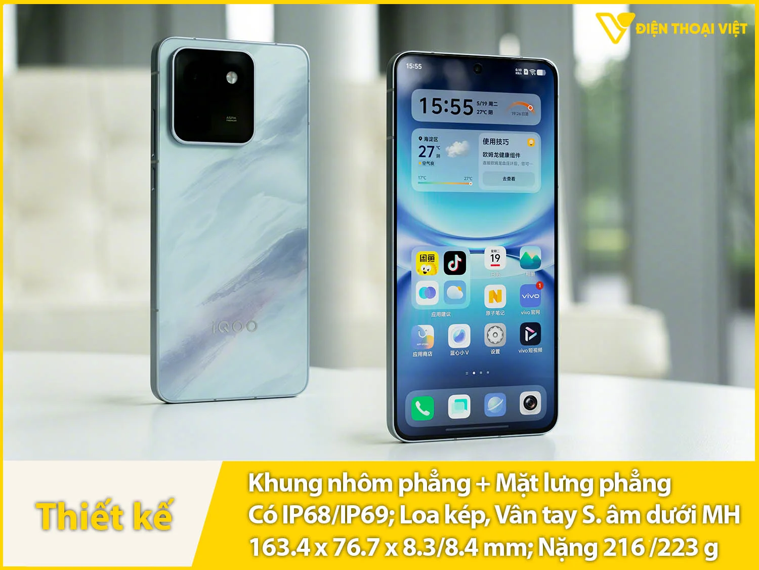 Thiết kế vuông vức & Khung nhôm, lưng kính/sợi thủy tinh