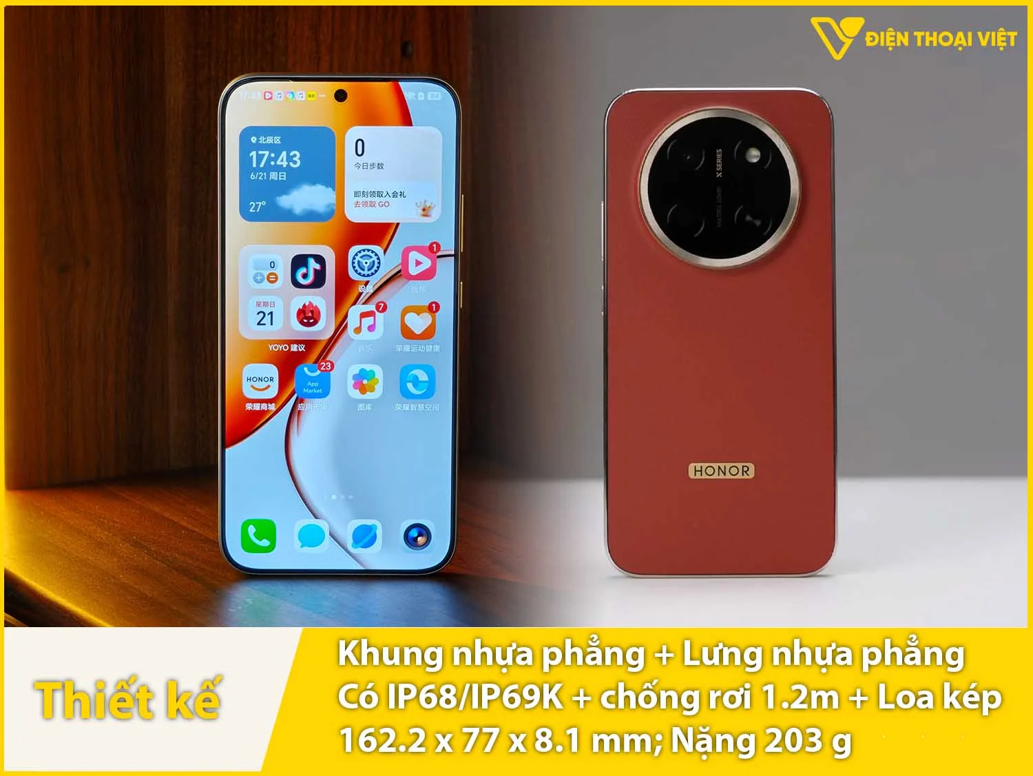 Ngoại hình vuông vức & Khung và mặt lưng giả kính/da
