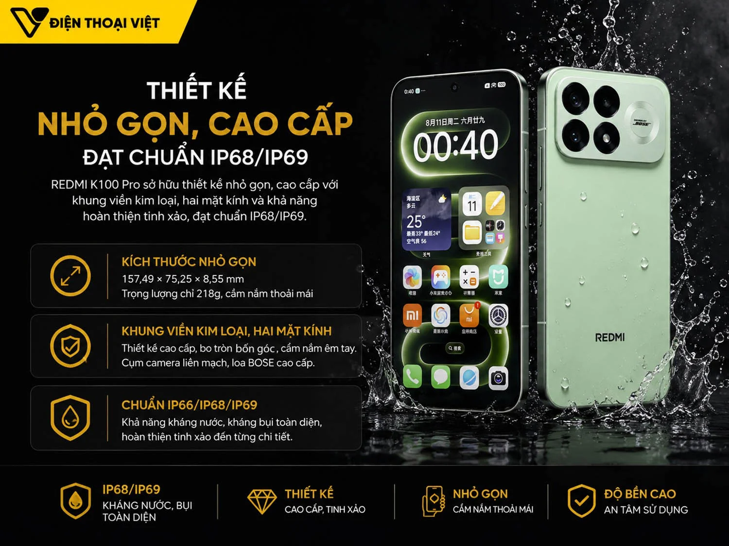 Thiết kế nhỏ gọn, cao cấp đạt chuẩn IP68/IP69