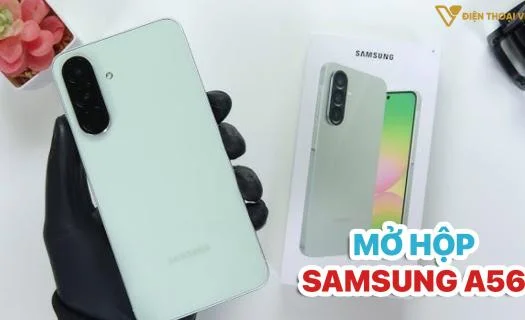 Mở hộp Samsung A56: Thiết kế vuông vức, khung kim loại là điểm cộng
