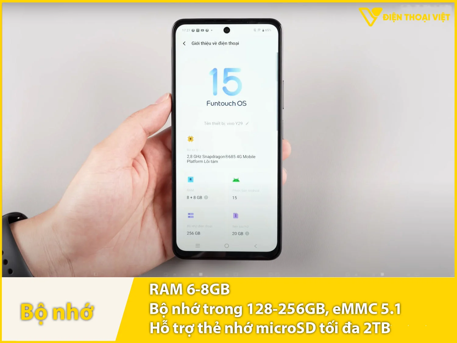 Vivo Y29 có RAM 6-8GB & Bộ nhớ trong 128-256GB, thẻ nhớ 2TB