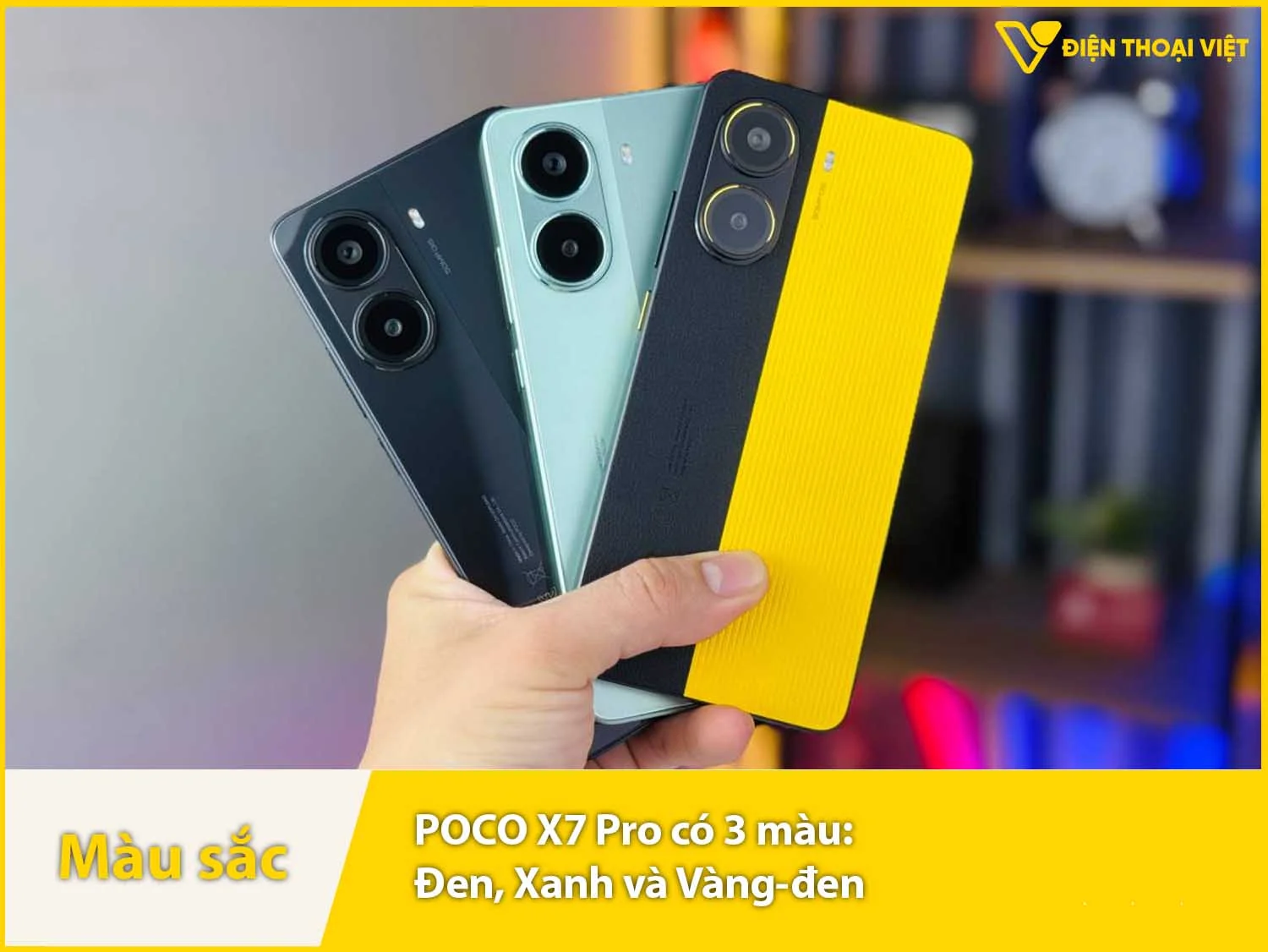 POCO X7 Pro có các màu: Vàng đen, Xanh lá và Đen