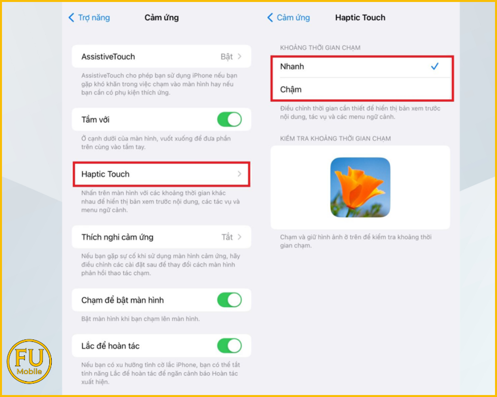 Chọn Haptic Touch. Tại đây, hãy chuyển cài đặt từ mức “Trung bình/Chậm" sang mức “Nhanh”