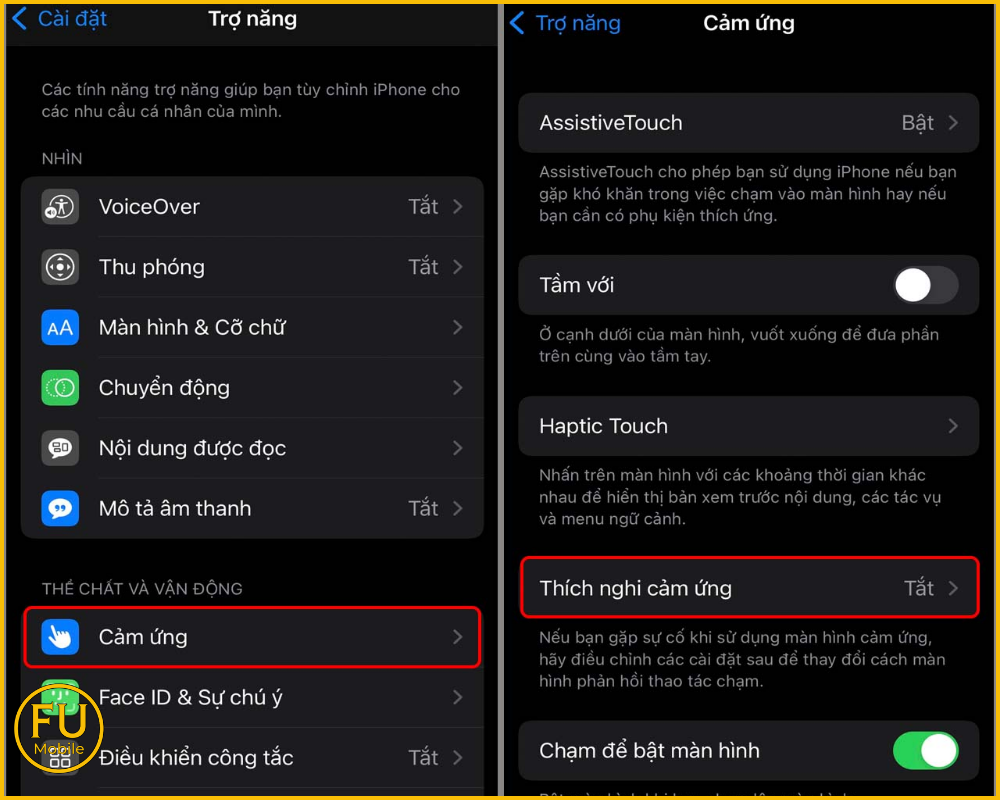 Chọn mục Cảm ứng > Vào mục Thích nghi cảm ứng