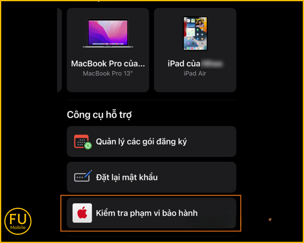 Chọn mục Kiểm tra phạm vi bảo hành