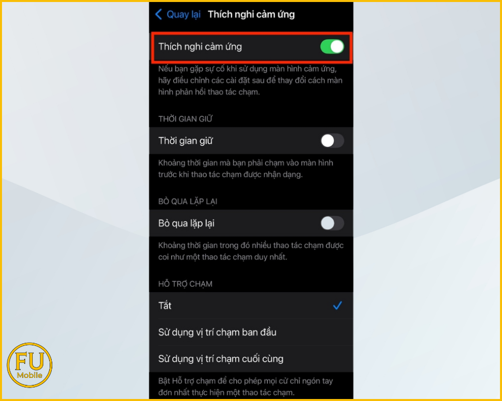 Gạt công tắc để bật hoặc tắt tính năng Thích nghi cảm ứng