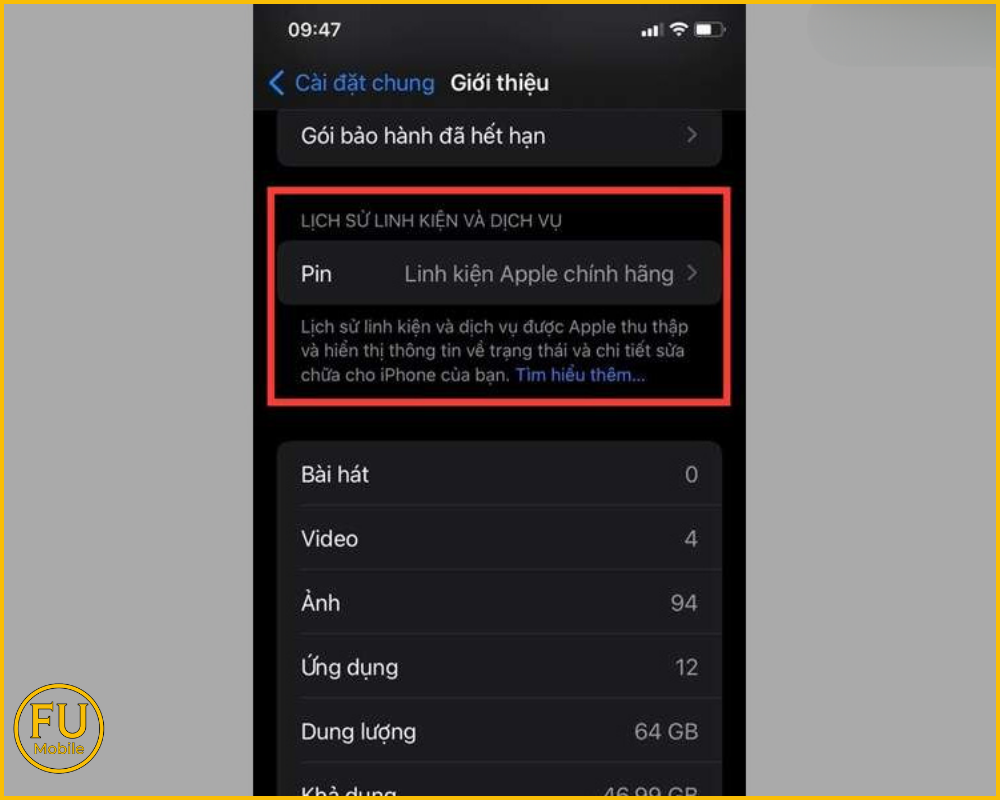 Kiểm tra qua mục "Lịch sử linh kiện và dịch vụ" trên iOS