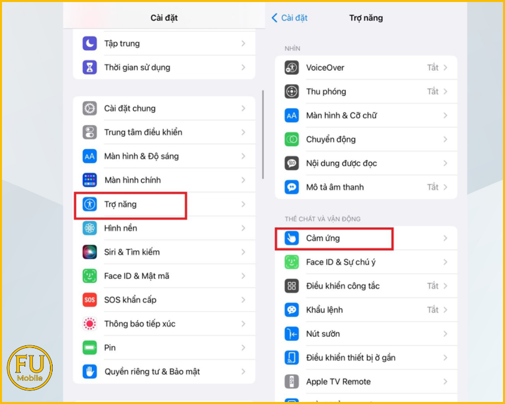  Truy cập vào ứng dụng Cài đặt > Chọn mục Trợ năng > Nhấn vào mục Cảm ứng