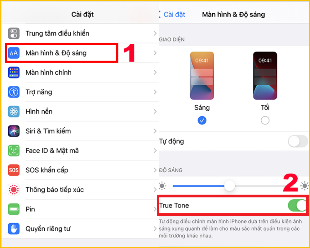 Vào Cài đặt để bật tắc chế độ True Tone