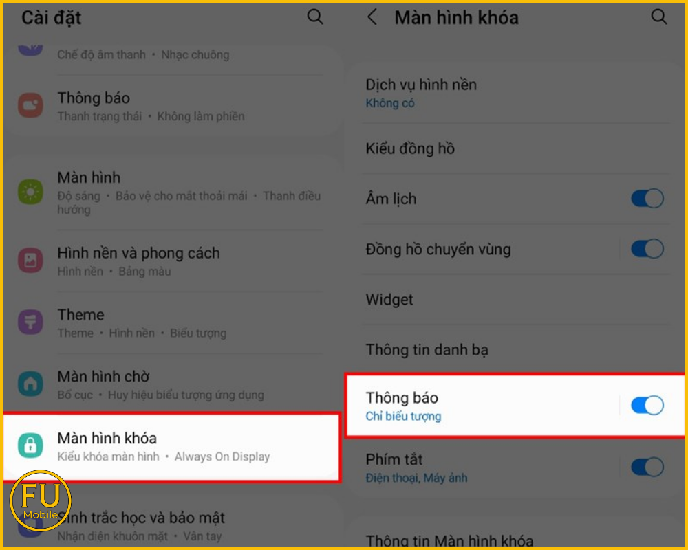 Bật Thông báo trong mục Màn hình khóa