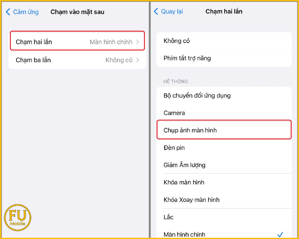 Chọn Chạm hai lần và gán lệnh Chụp ảnh màn hình