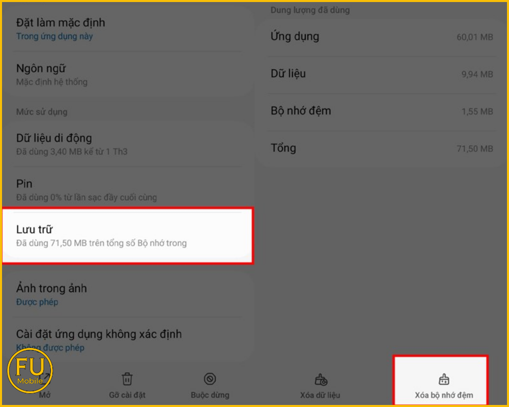 Chọn mục Lưu trữ và nhấn Xóa bộ nhớ đệm