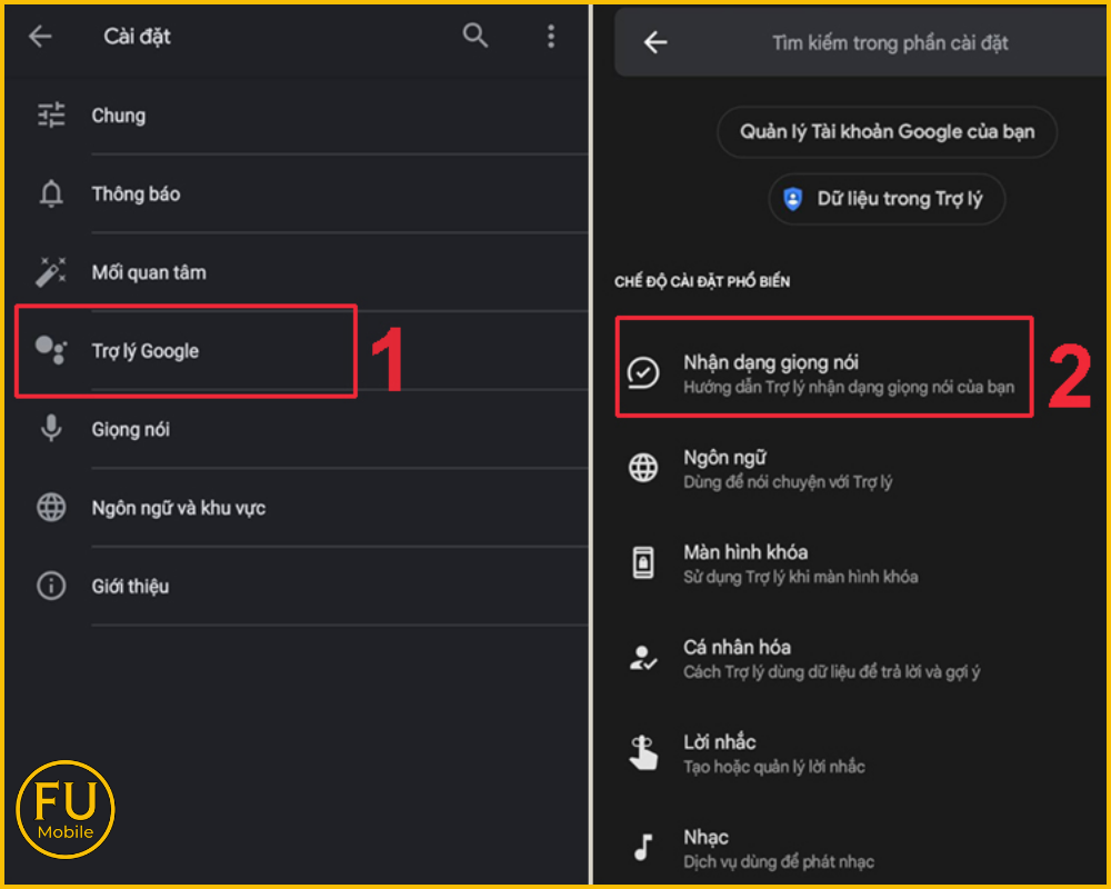Chọn Nhận dạng giọng nói để bật tính năng nhận giọng nói cho trợ lý Google