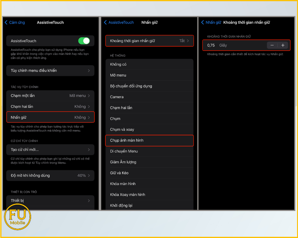 Chọn vào hành động Chụp màn hình và điều chỉnh lại Khoảng thời gian nhấn giữ