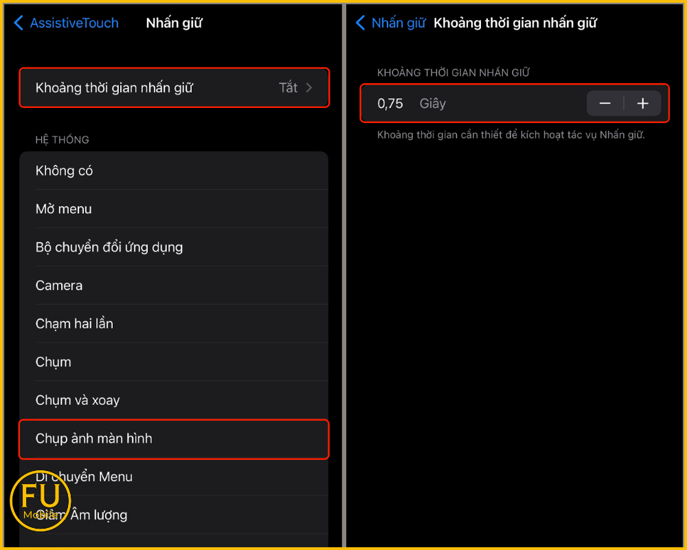 Chọn vào hành động Chụp màn hình và điều chỉnh lại Khoảng thời gian nhấn giữ