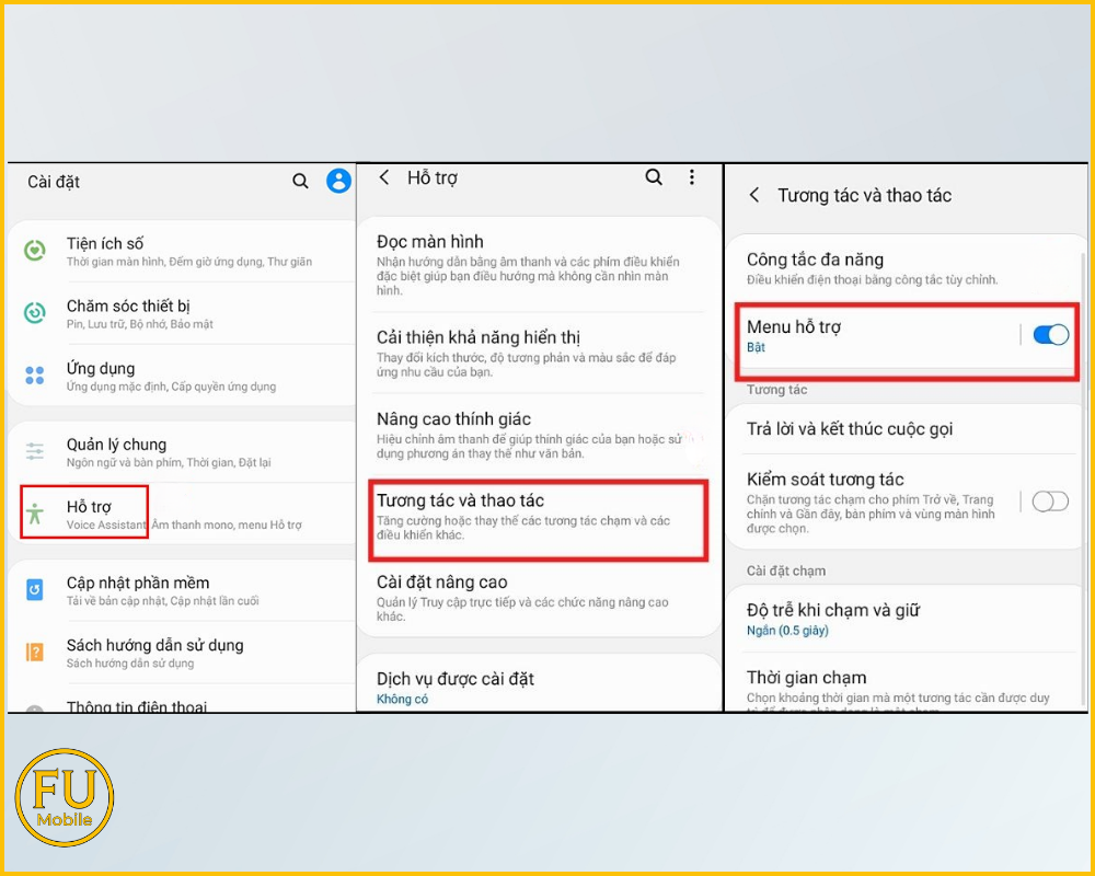 Gạt công tắc Menu hỗ trợ trong mục Tương tác và thao tác