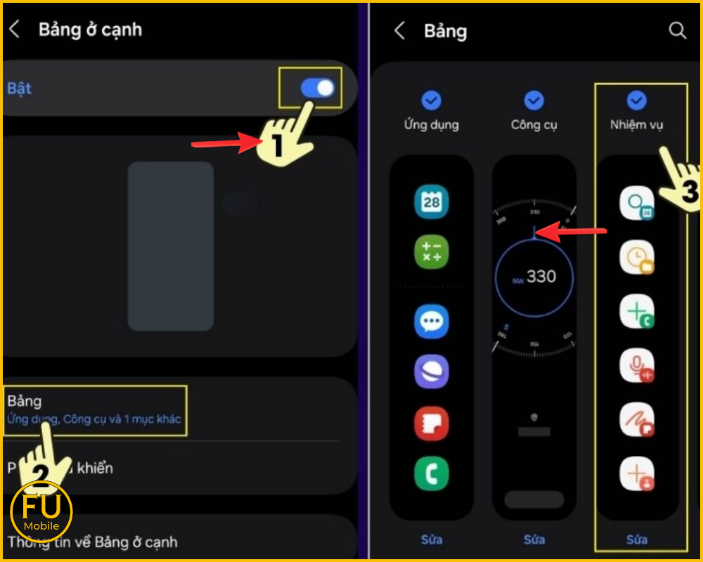 Gạt nút để bật Bảng ở cạnh và vào bảng thêm phím Chụp ảnh màn hình