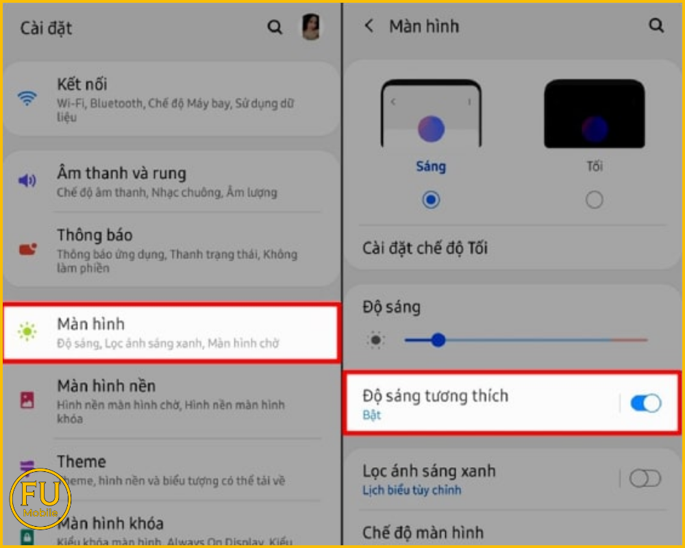 Gạt tắt mục Độ sáng tương thích