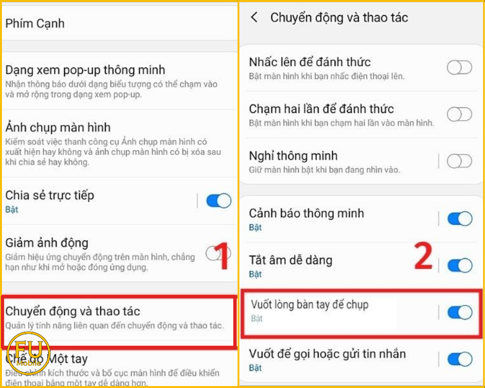 Gạt thanh trượt sang phải để bật Vuốt lòng bàn tay để chụp